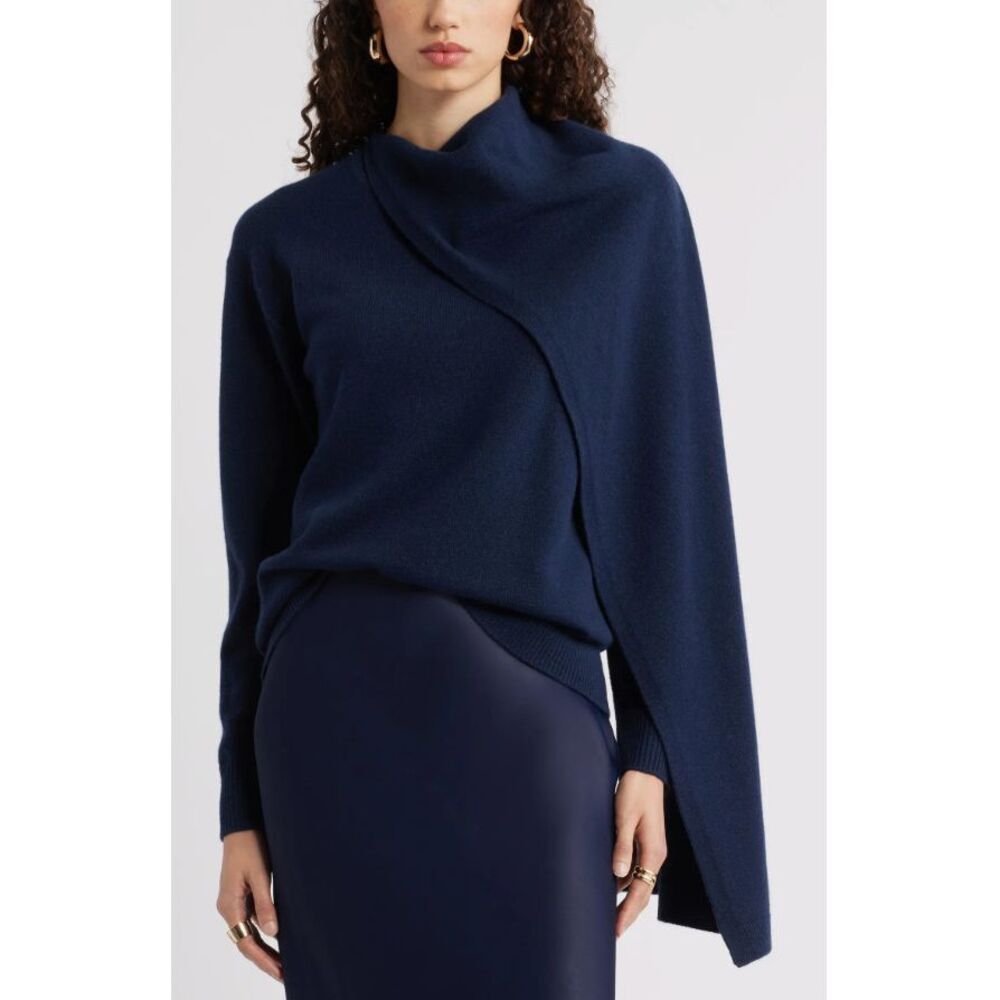 New $199 Nordstrom Scarf Collar Wool & Cashmere Sweater Navy Night Large